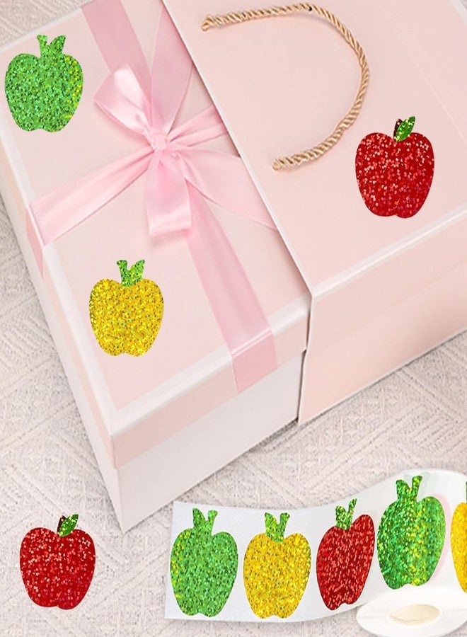 RUPOFUZA 500Pcs Back to School Apples Stickers Roll 1.5in Laser Apples Sparkly 3 Colors Holographic Waterproof Decals Self-Adhesive Stickers for Envelope Scrapbook Decor First Day of School Party Supplies - Image 4